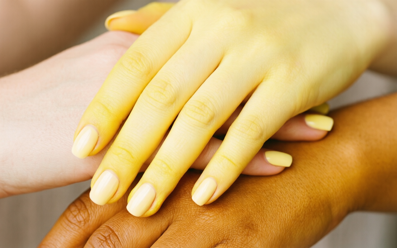 Five butter yellow nail polish bottles in varying shades from pale buttercream to rich golden yellow on marble surface