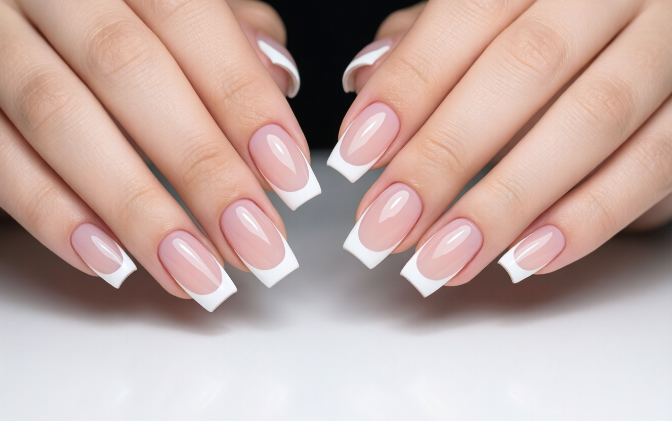 Short natural nails with micro-french manicure illustrating the elongating effect
