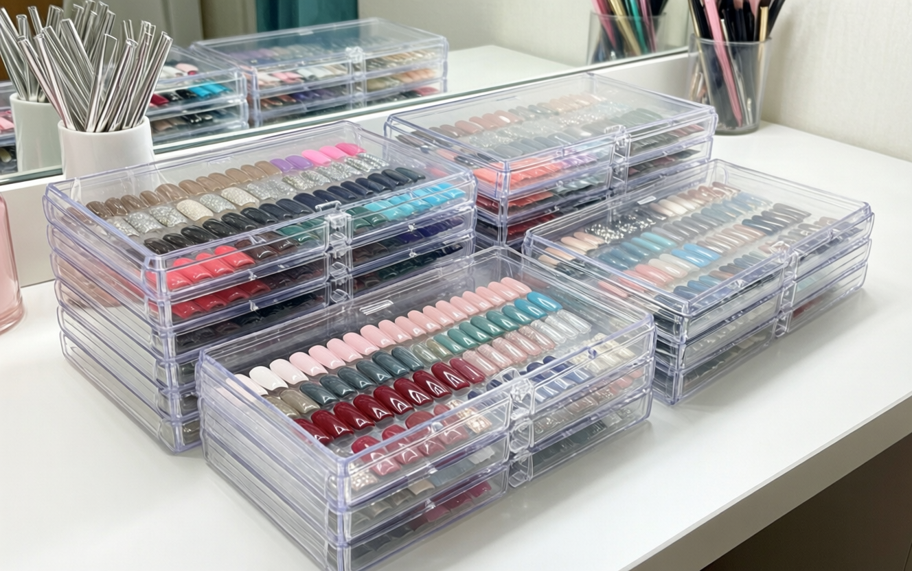Press-on nail collection stored in clear acrylic organizer trays with labeled compartments