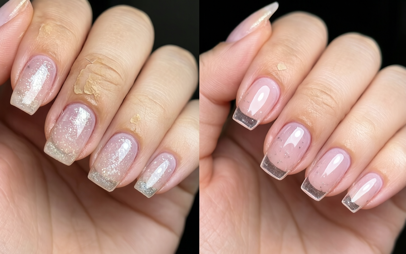 Before and after of natural nails strengthened with clear builder gel overlay