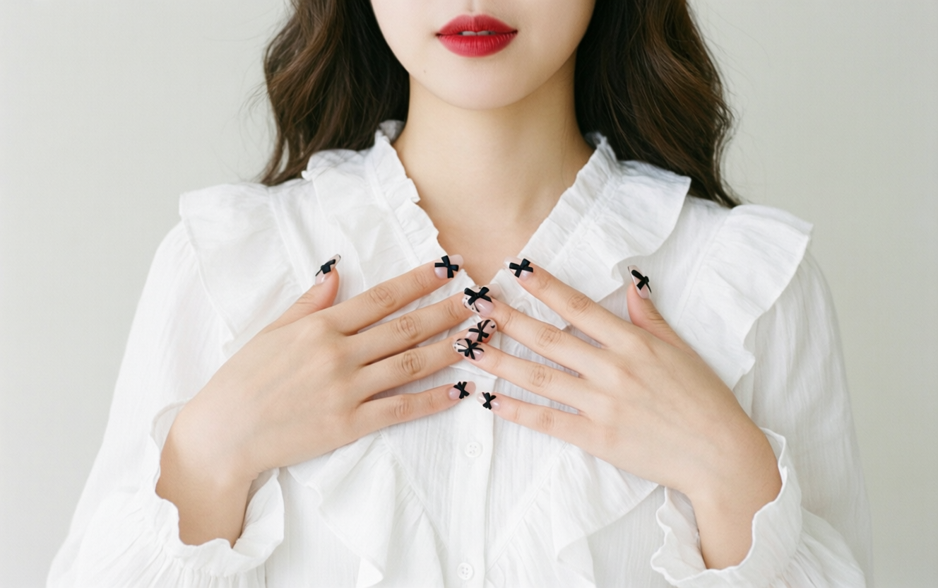 Woman wearing white ruffled blouse with coquette bow nails visible on collar romantic styling