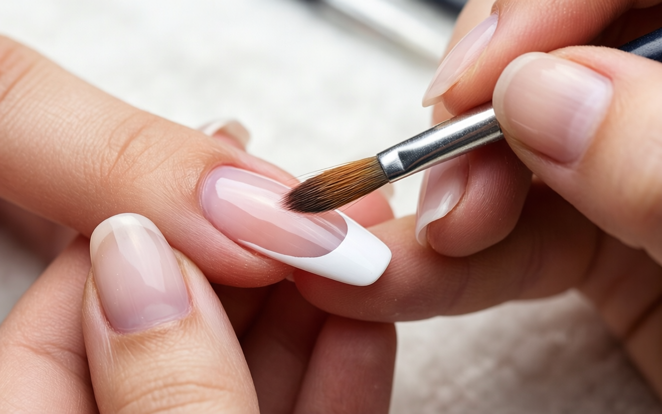 Close-up of nail artist using a fine detail brush to paint a super thin white micro-french tip
