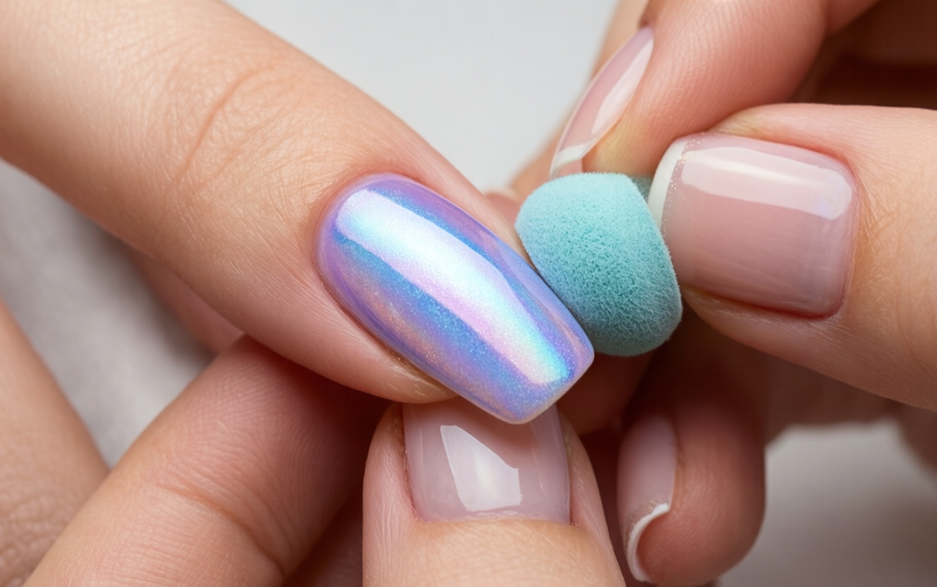 Nail artist applying aura gradient color using small sponge dabbing technique on almond nail