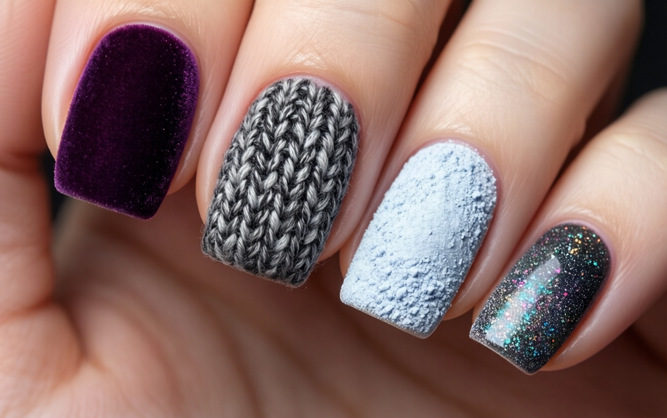 Multiple nails showing different 3D textures: velvet sweater knit and flocking powder