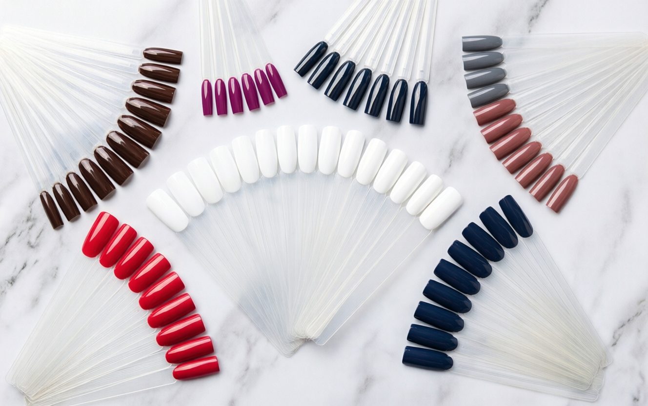 Multiple press-on nail kit sets with different designs arranged on white marble surface